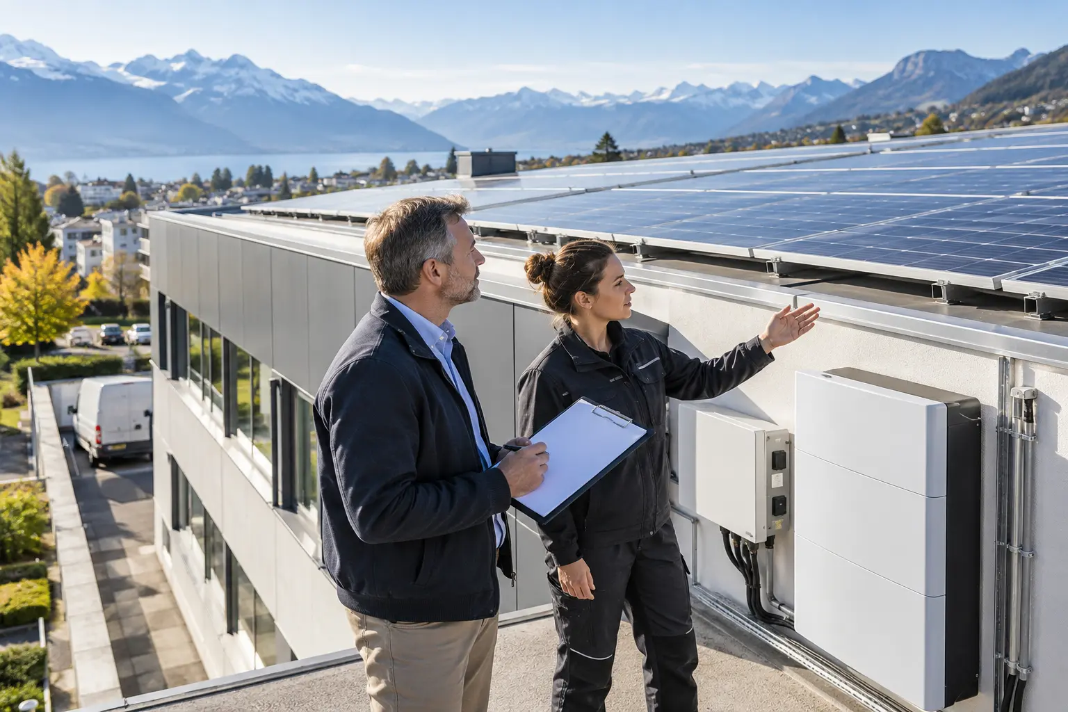 Un propriétaire et une technicienne inspectent des panneaux solaires et une batterie murale