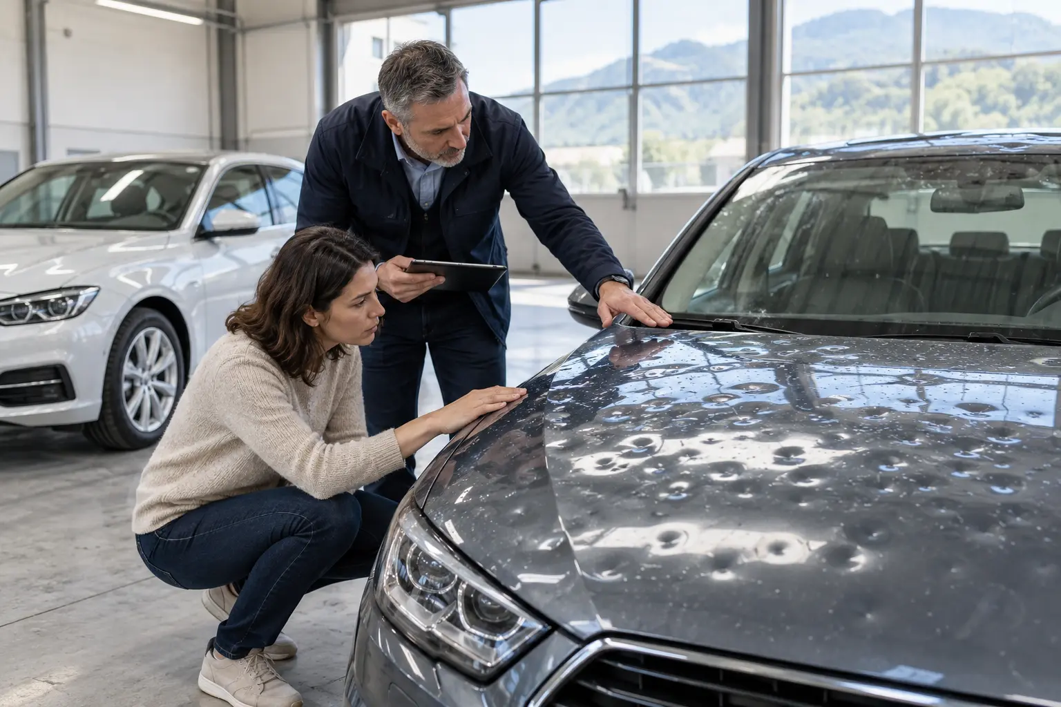Une conductrice et un expert examinent de forts dégâts de grêle sur le capot d’une voiture