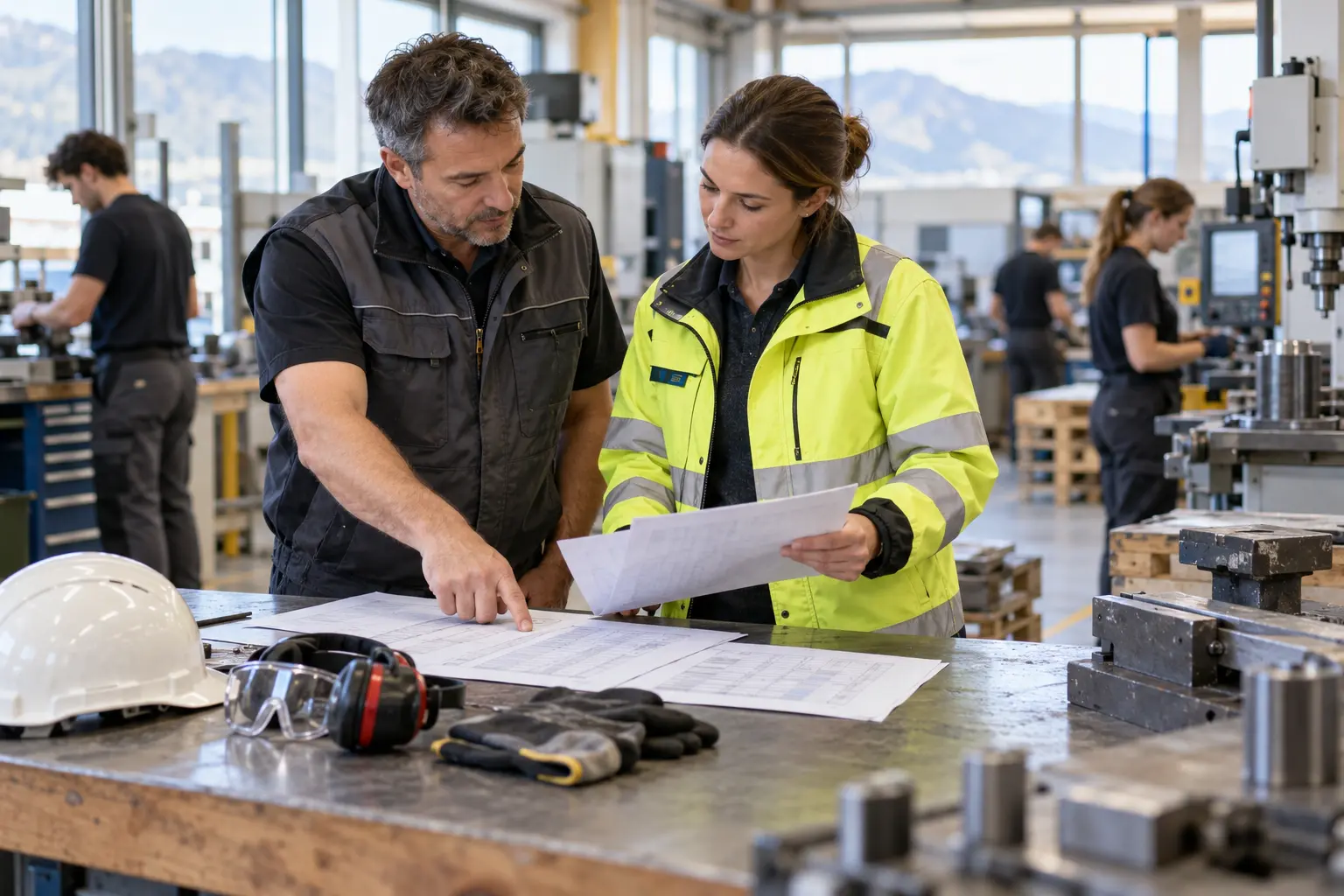 Un responsable d’atelier et une spécialiste sécurité analysent les accidents près des équipements de protection
