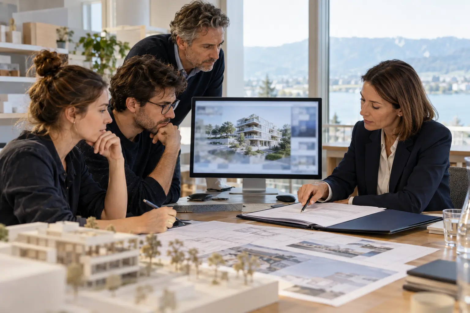 Une équipe d’architectes examine un concept assisté par IA avec une conseillère en responsabilité