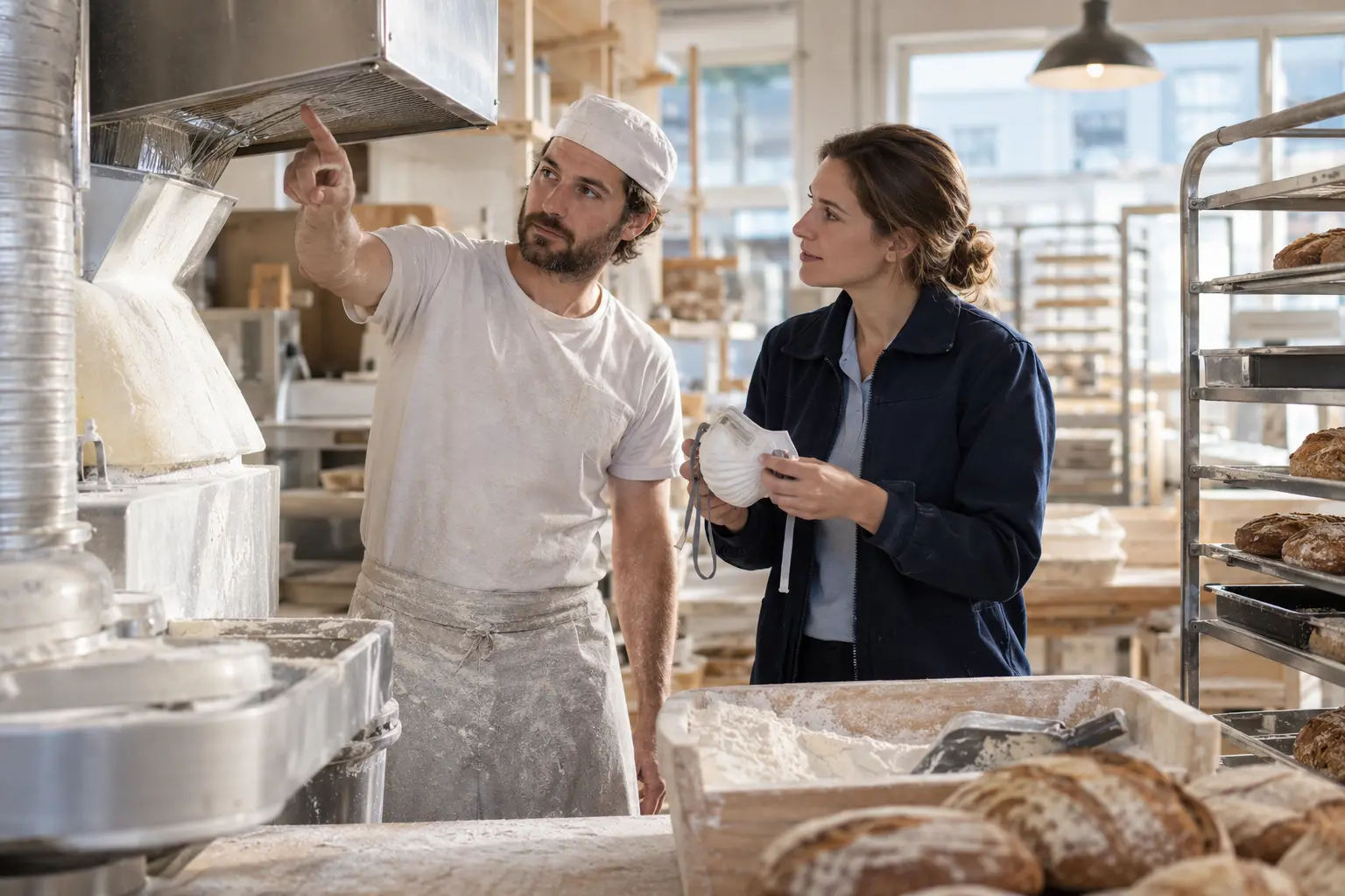 Un boulanger et une spécialiste de santé au travail inspectent l’aspiration des poussières de farine