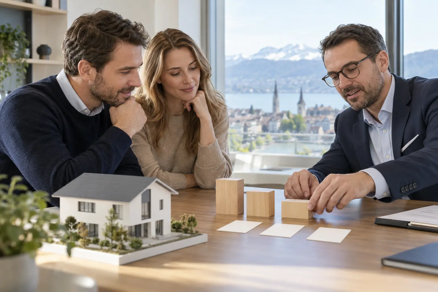A couple and adviser arrange three mortgage-maturity blocks beside a house model