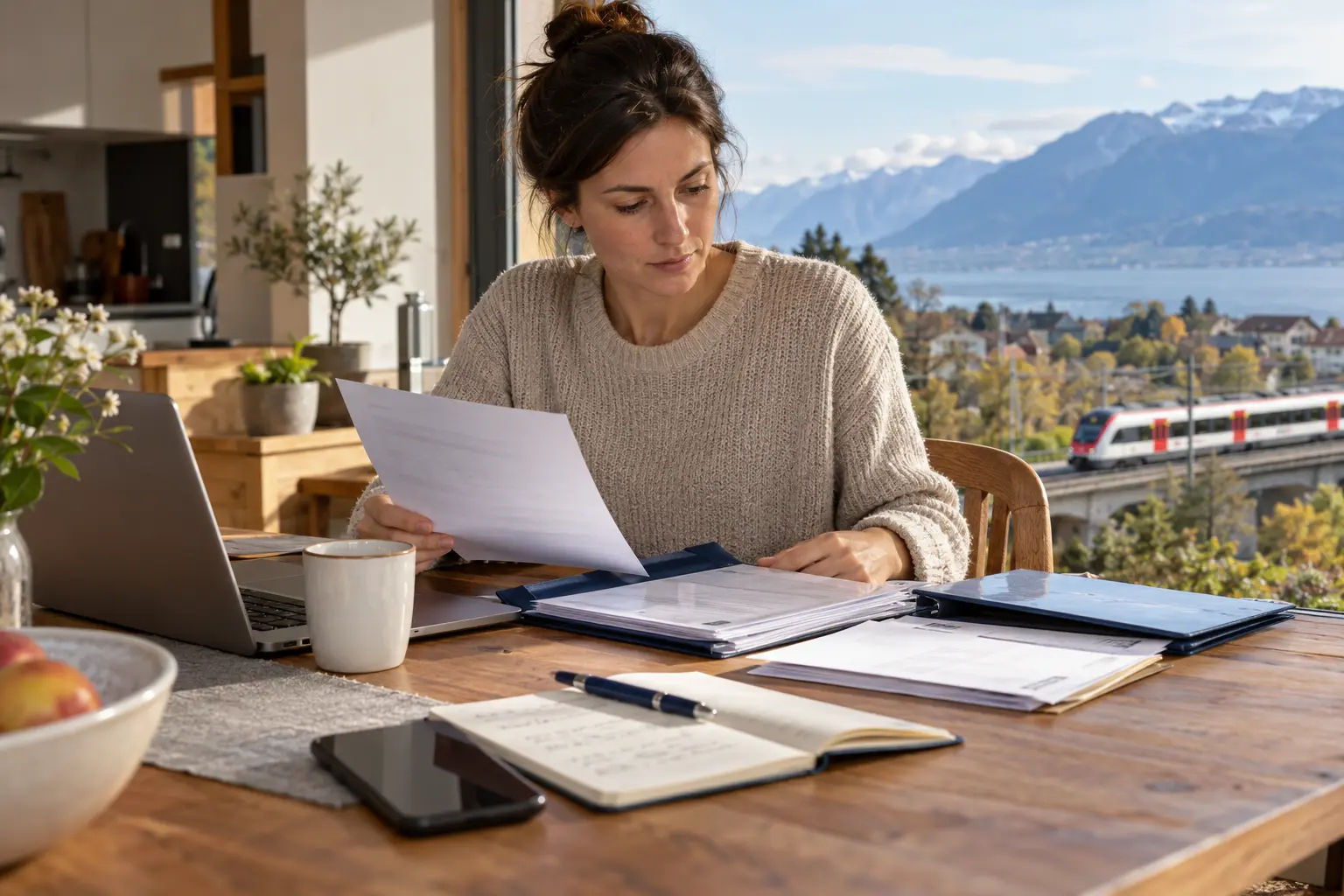 Une personne proche de la retraite examine un dossier de libre passage près d’un calendrier pluriannuel