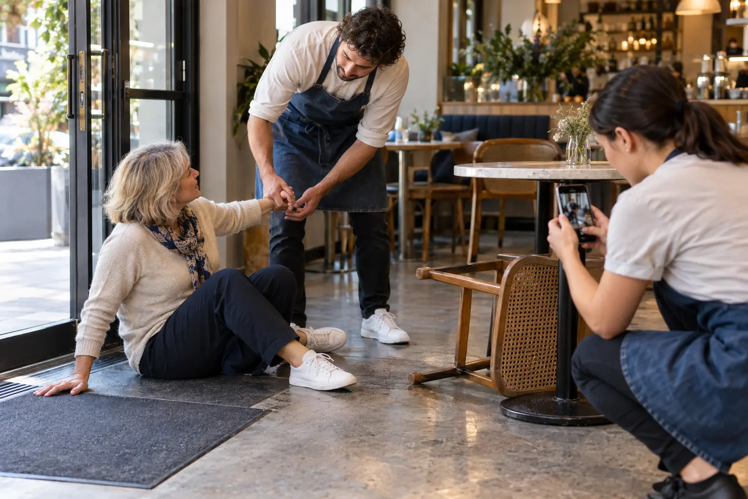 Le personnel d’un café aide une visiteuse après la chute d’une chaise tout en documentant les lieux