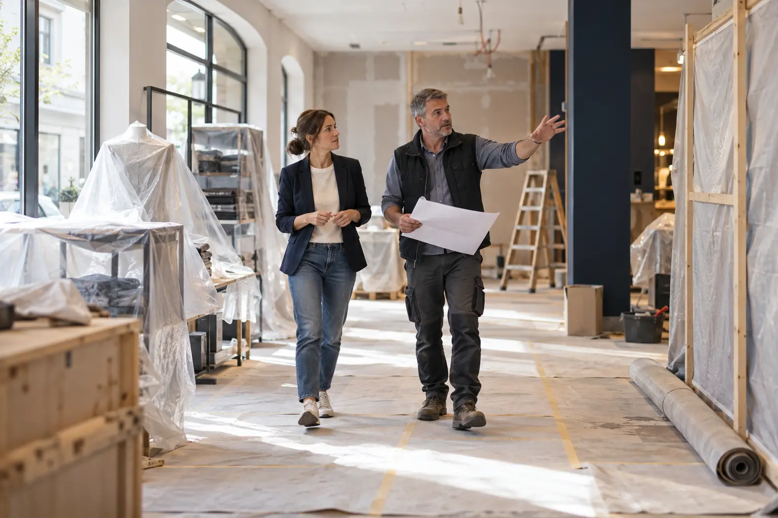 Une commerçante et un conducteur de travaux inspectent le stock protégé pendant une rénovation