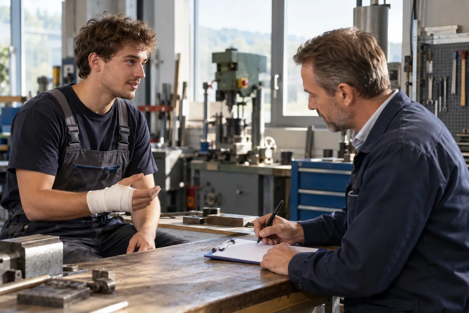 A workshop employee with a bandaged wrist gives accident details to a supervisor
