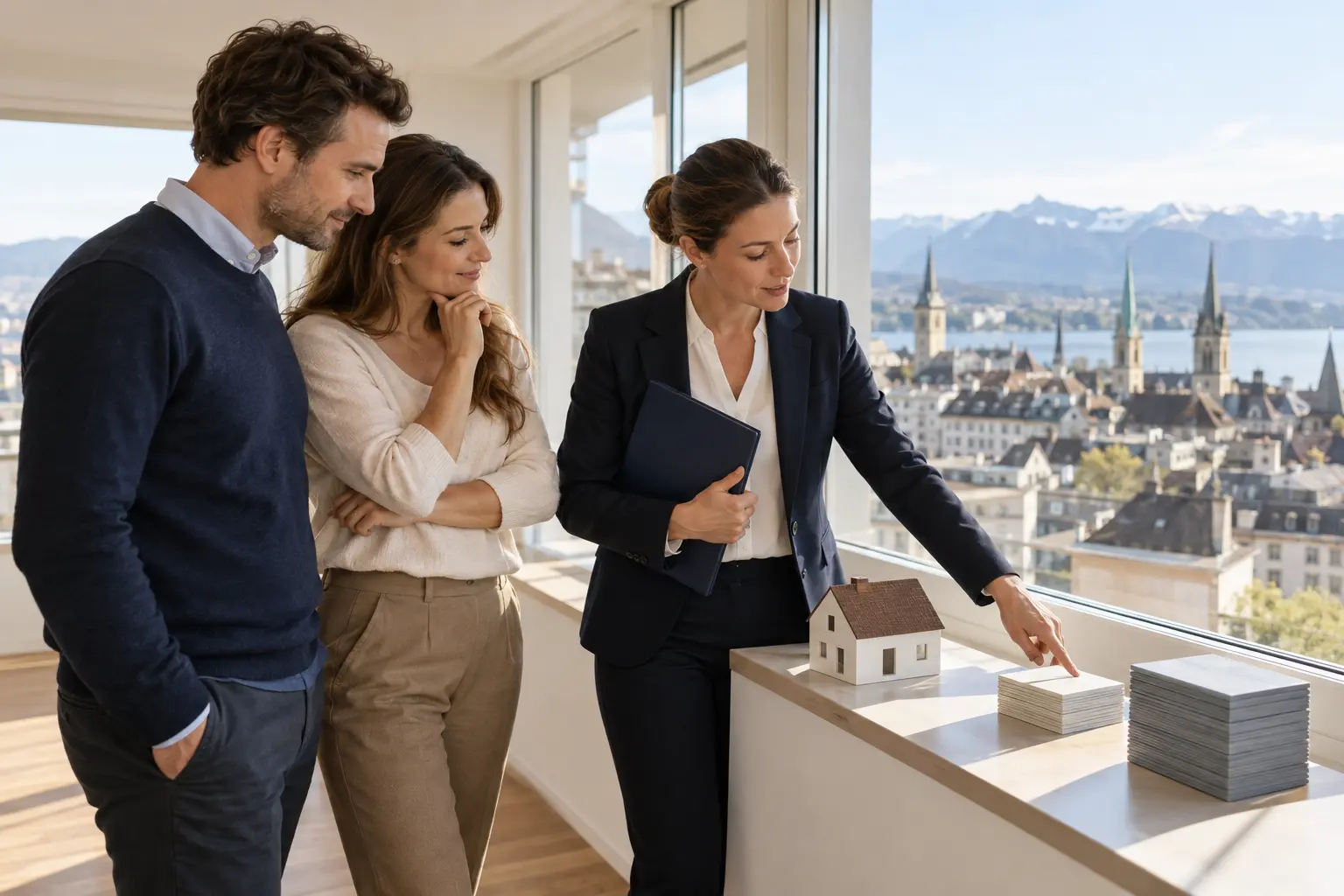 A couple compares a miniature house with two different stacks of valuation cards
