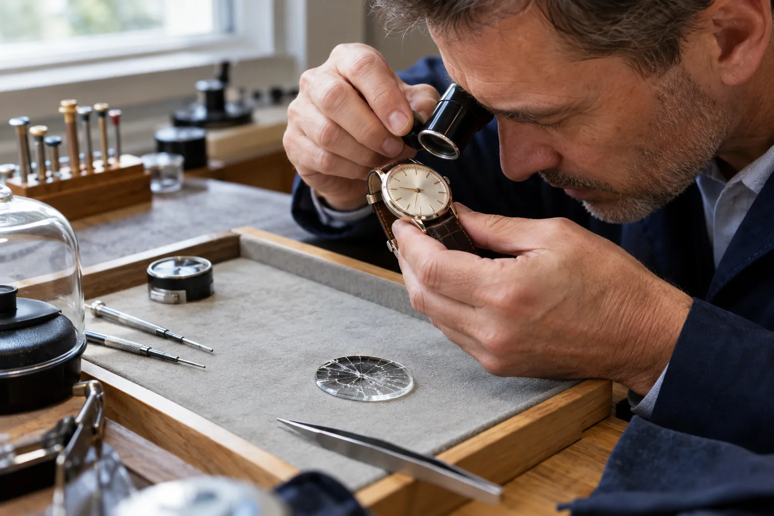 Un réparateur horloger examine la montre d’un client dans un plateau protecteur