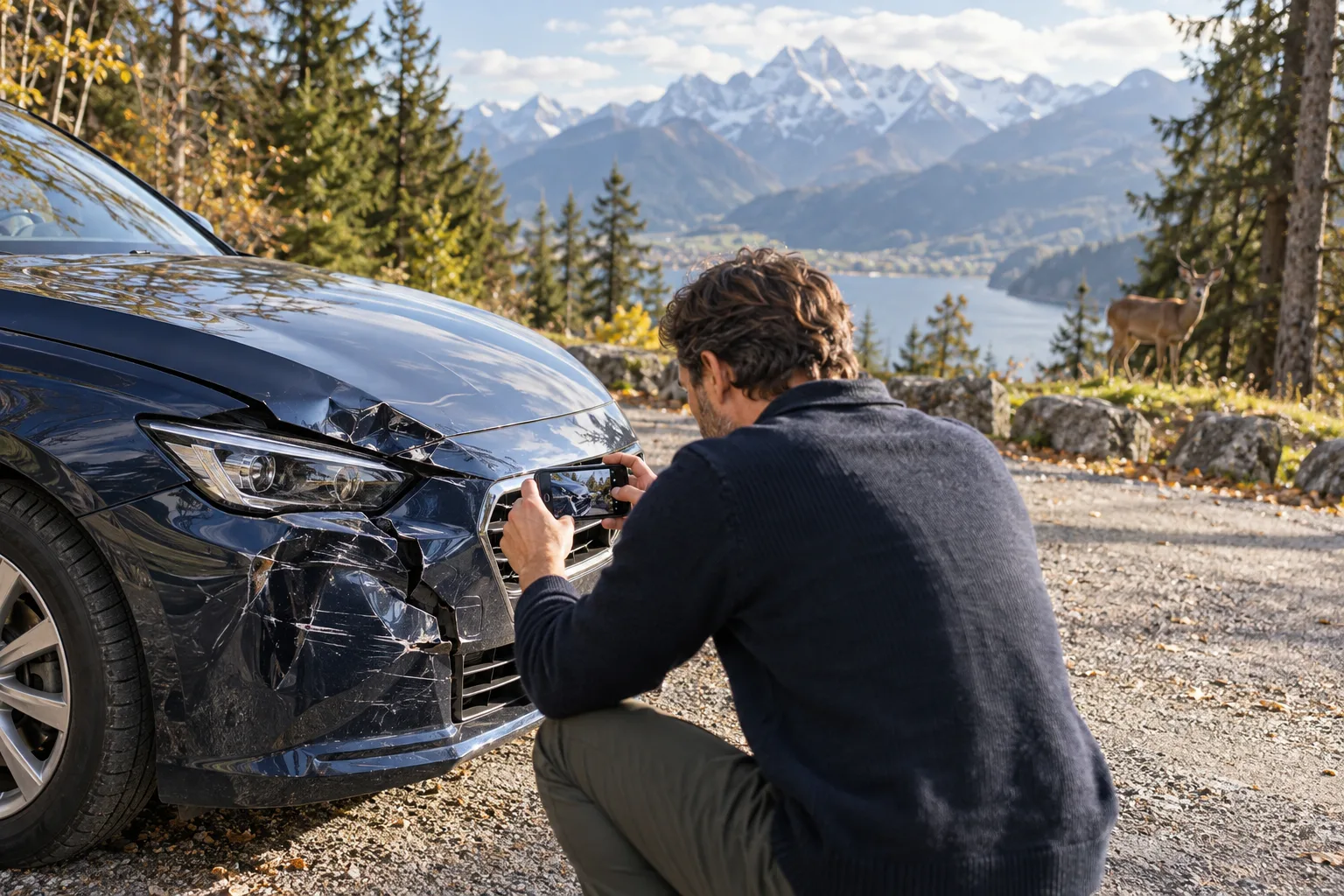 Un conducteur photographie sa voiture immobilisée et endommagée près d’une forêt