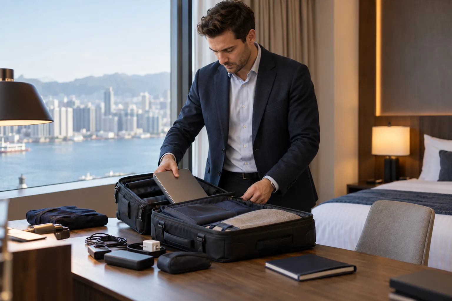 Un technicien prépare ses outils et documents de voyage sur un bureau d’hôtel