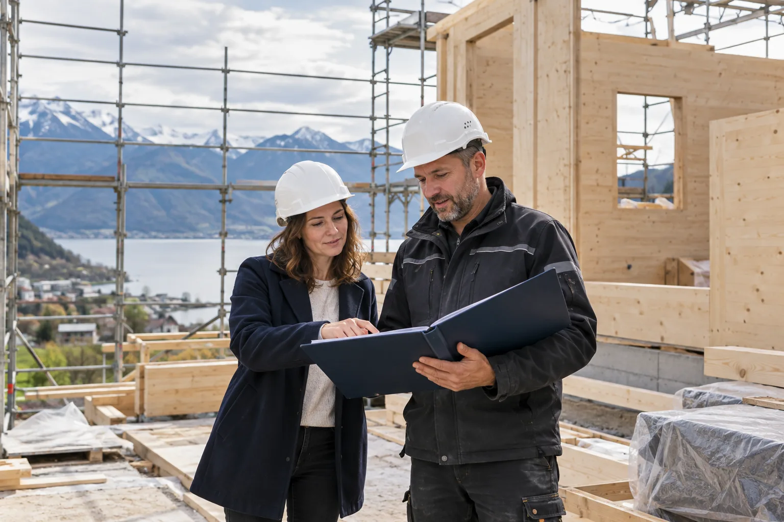 A homebuyer and supervisor review progress at a timber construction site