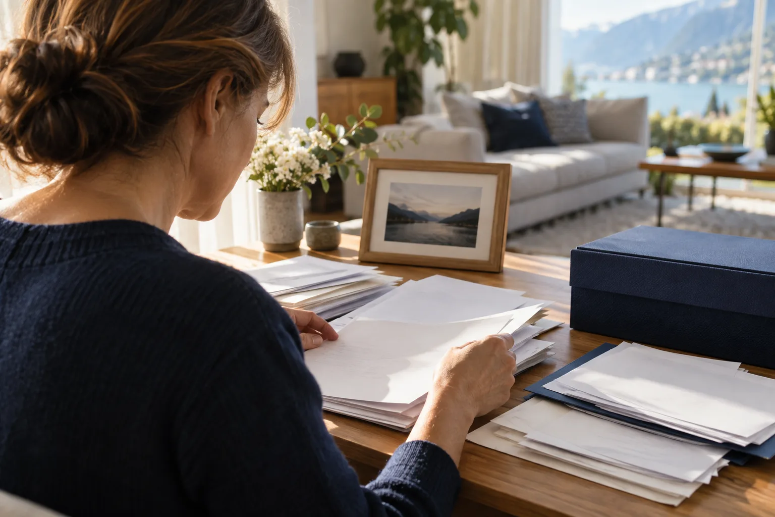 Une femme classe les courriers de prévoyance d’un proche près d’une boîte à dossiers