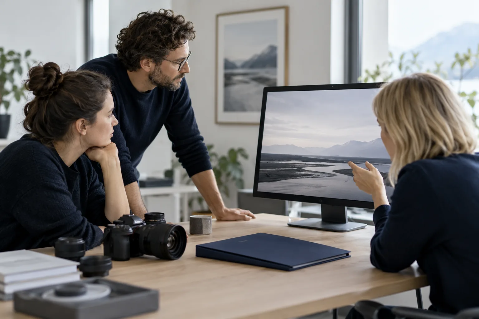 Une équipe de création examine une photographie de paysage près d’un appareil et d’un dossier de licence