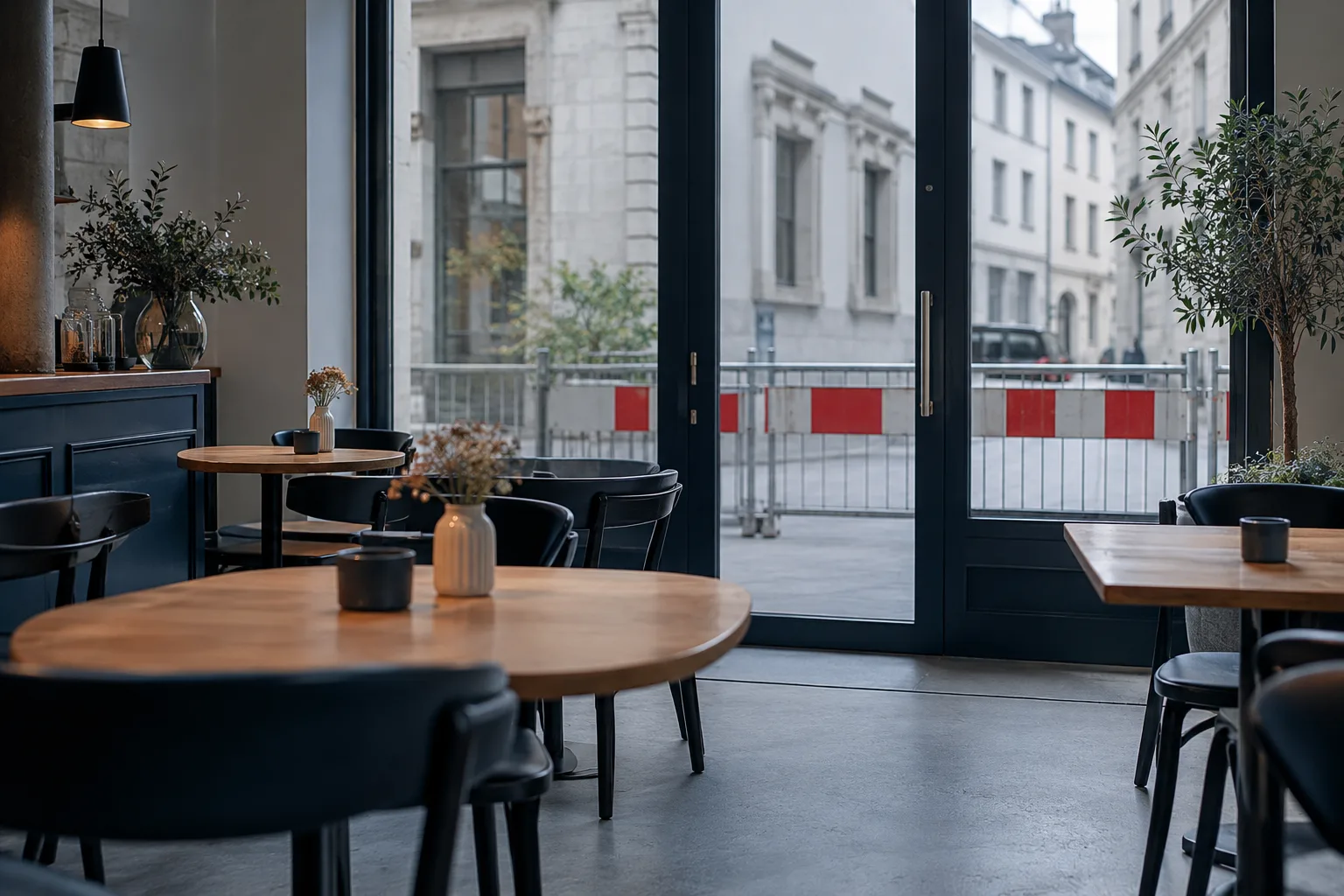 Un café intact fait face à une barrière temporaire placée devant son entrée