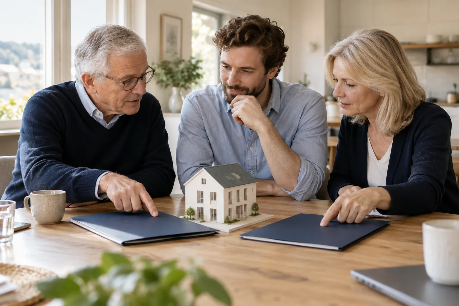 Family members discuss two funding folders beside a small house model