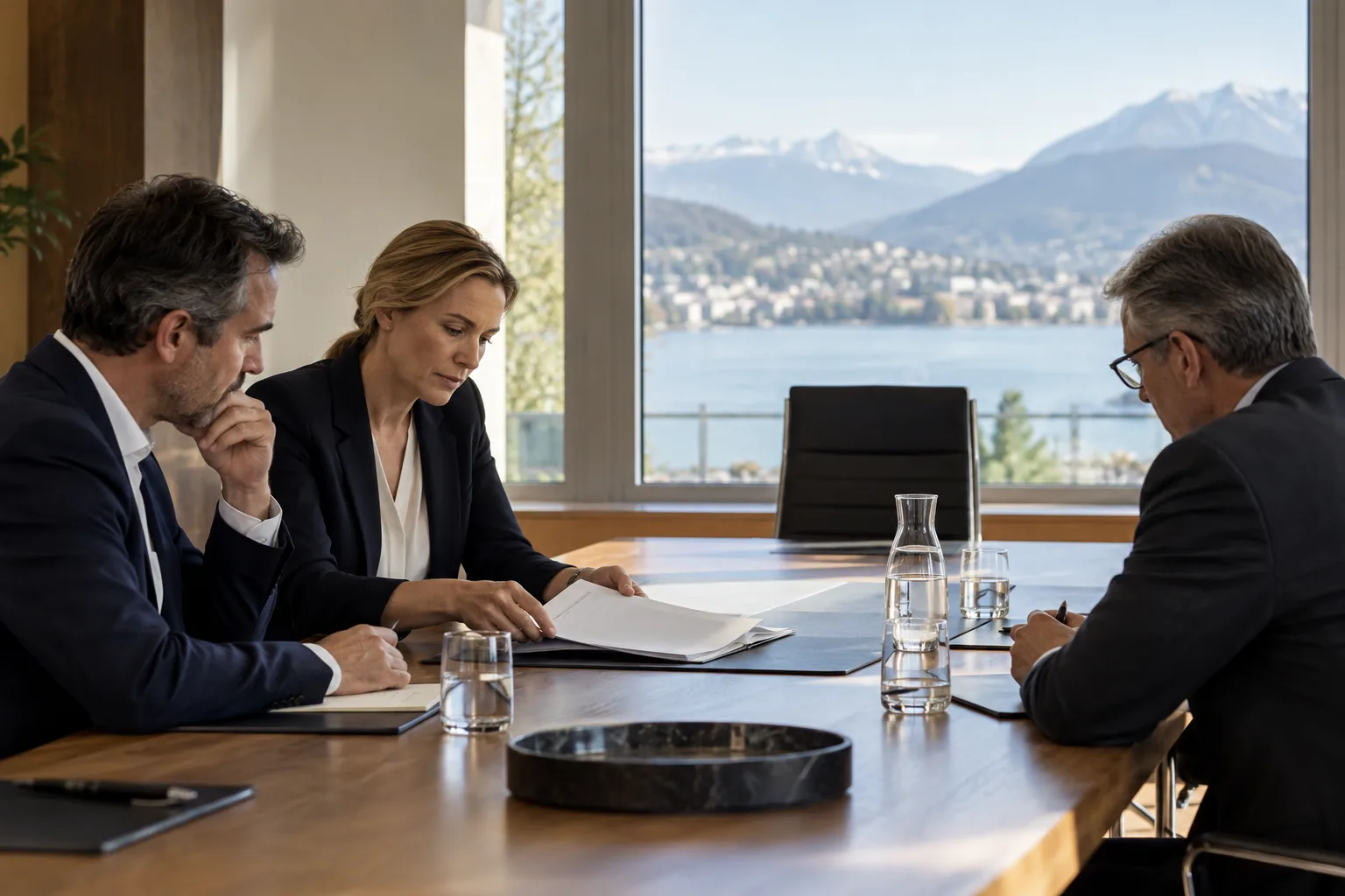 Trois administrateurs examinent un dossier de gouvernance autour d’une table de conseil avec une chaise vide