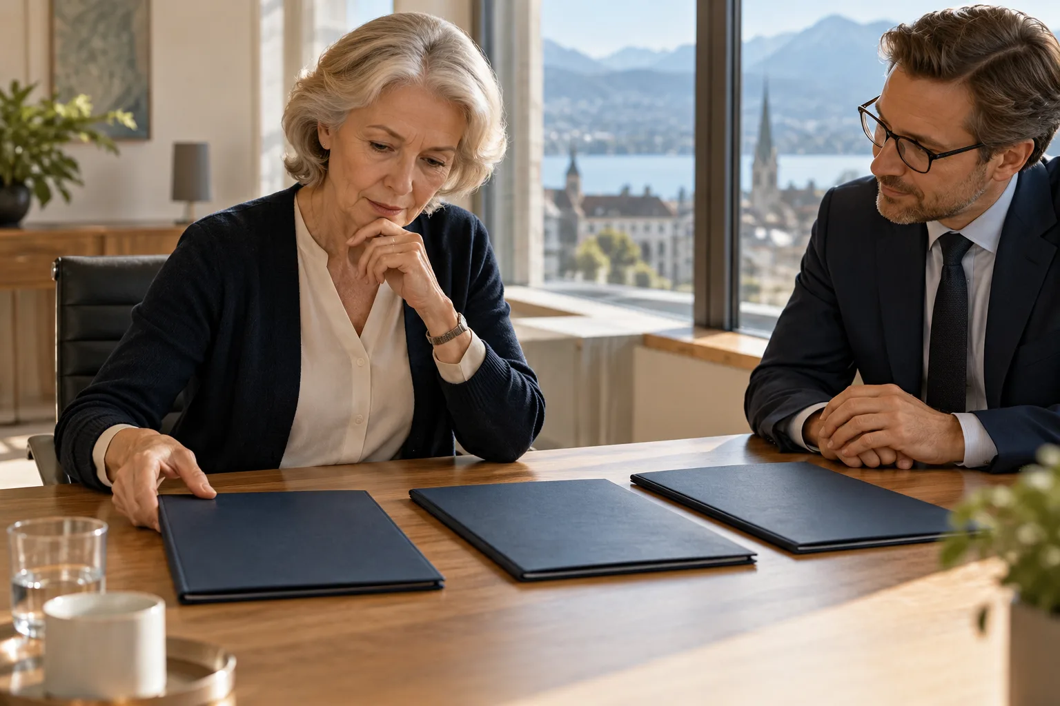 Une cadre et son conseiller comparent trois dossiers fermés de stratégies de placement