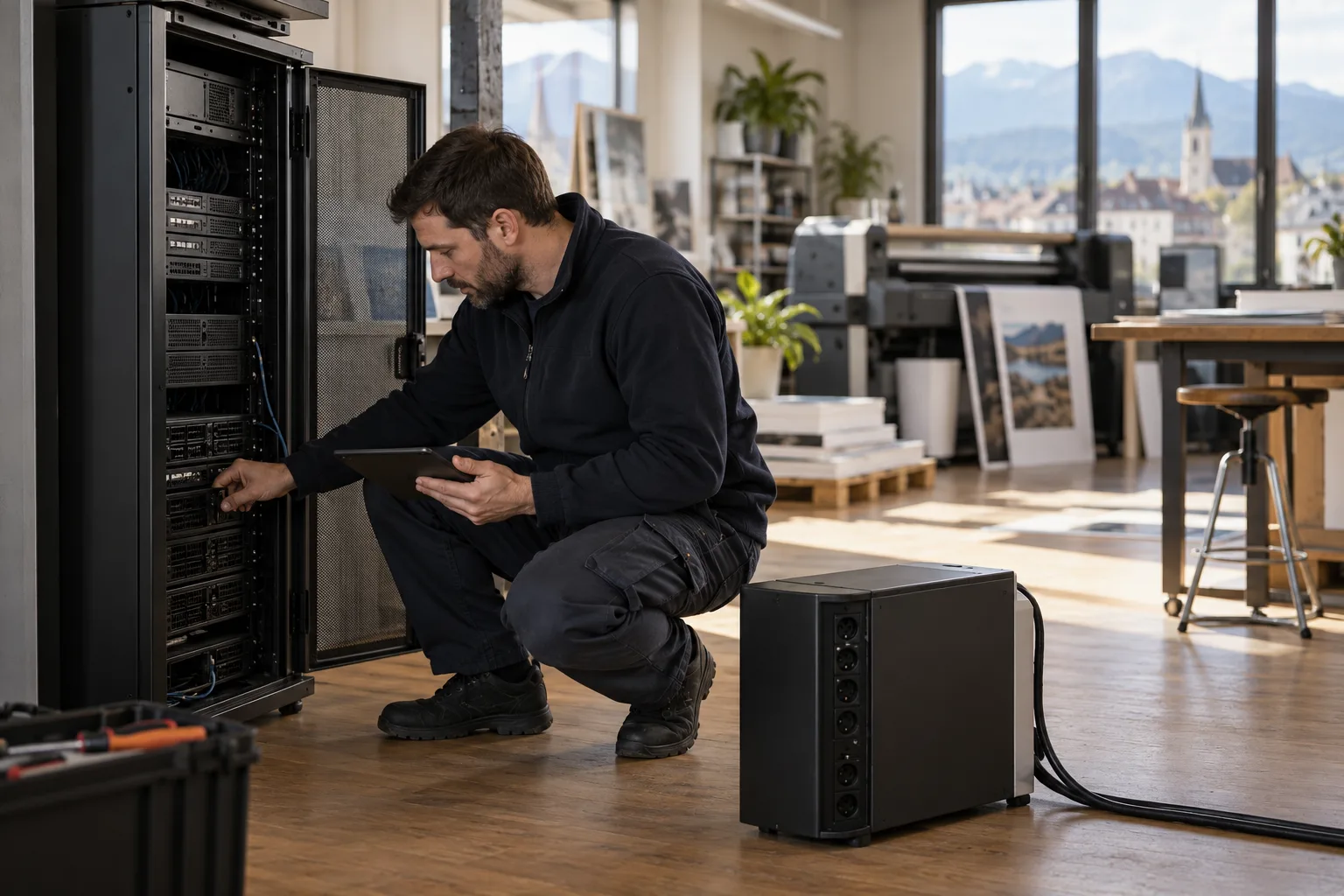 Un technicien examine une armoire serveur hors tension près d’un dispositif de protection électrique