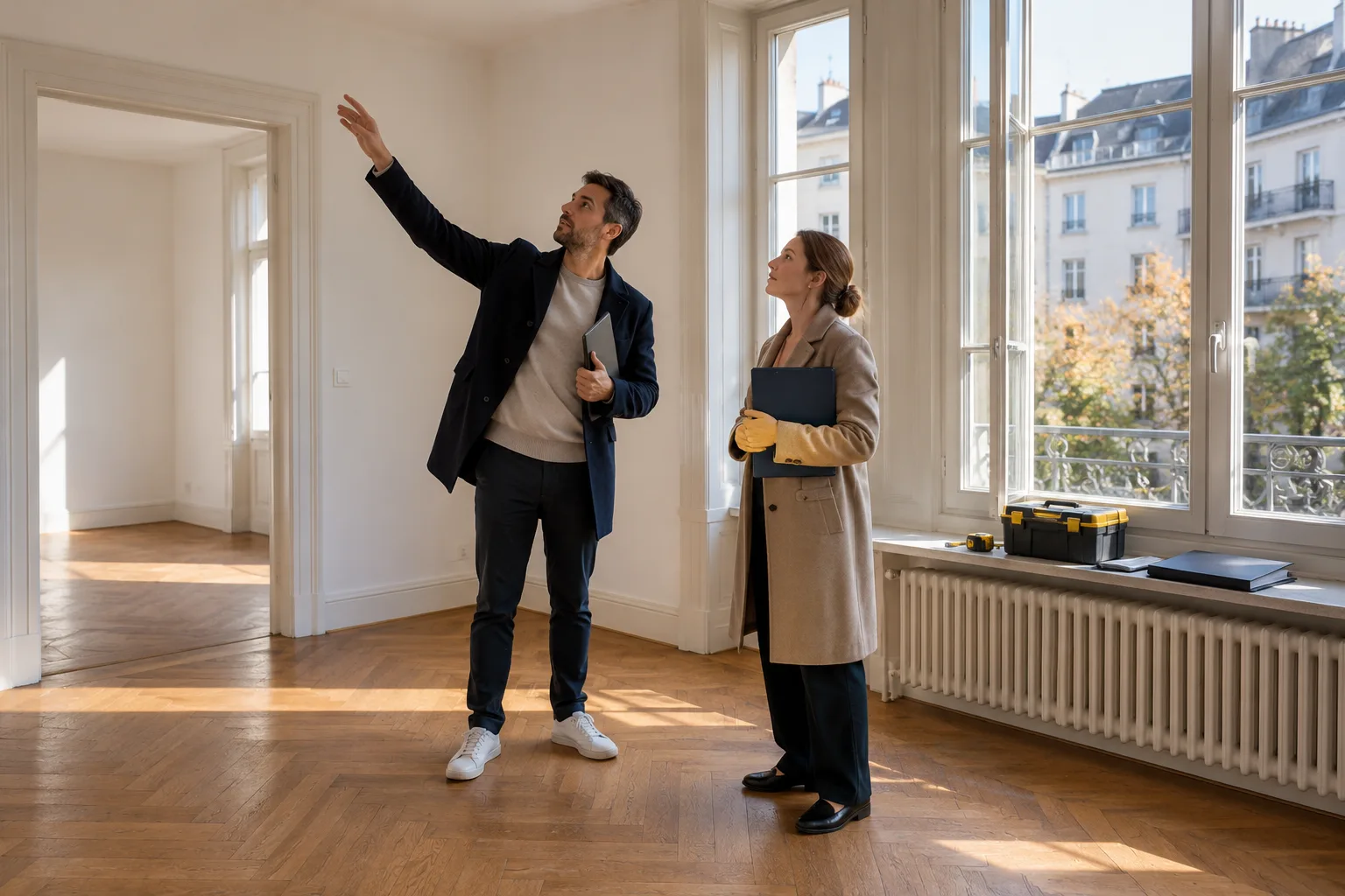 A landlord and agent inspect an empty rental apartment with a maintenance kit and finance folder