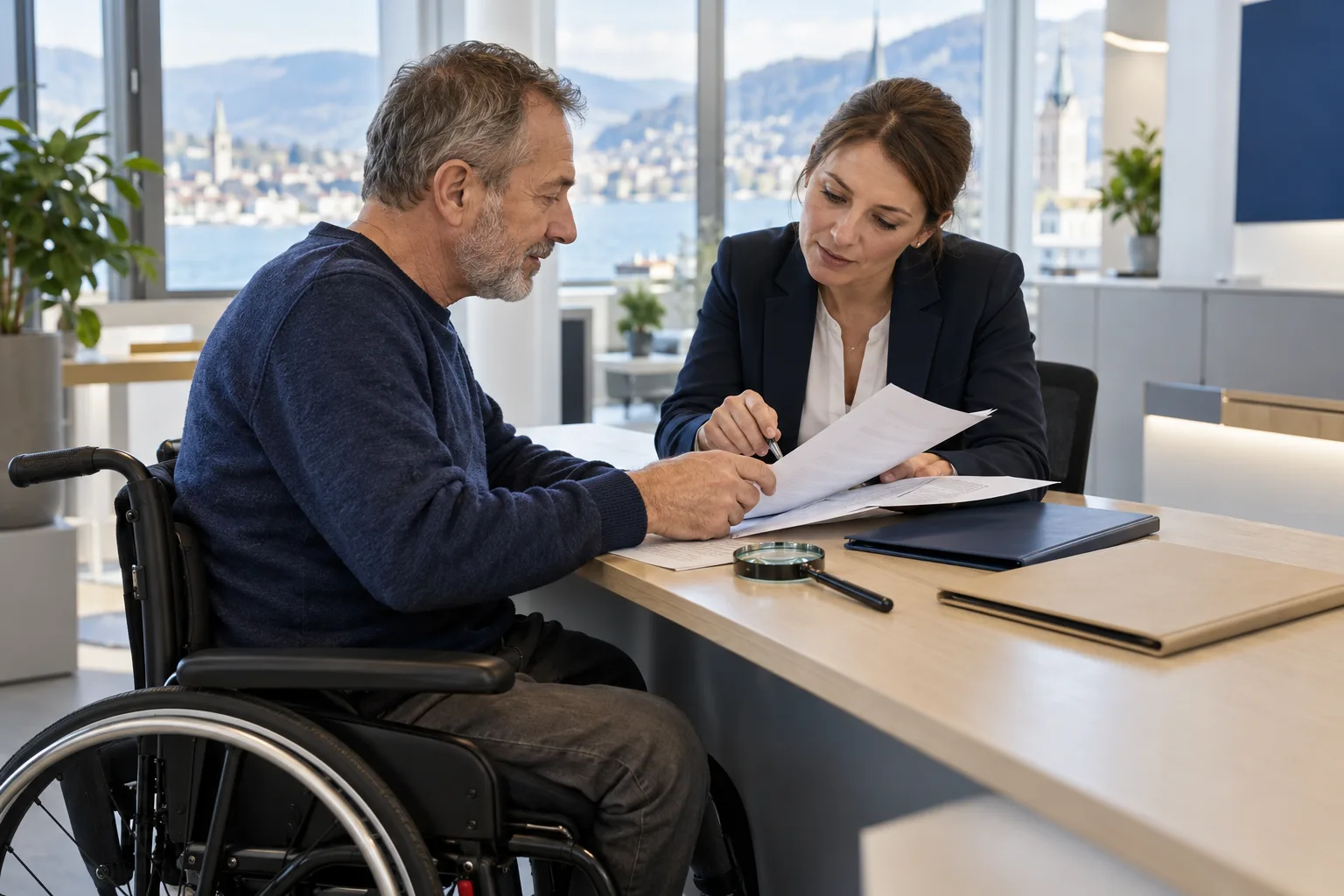 Une personne en fauteuil roulant examine des documents de prévoyance à un bureau accessible