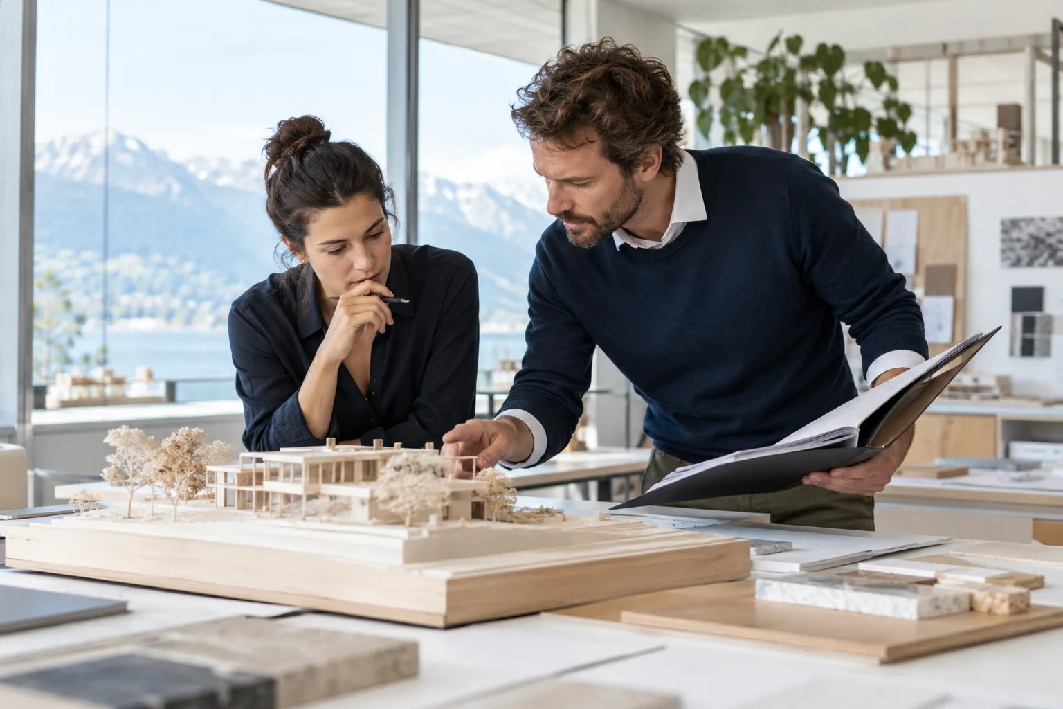Deux professionnels de la conception examinent une maquette architecturale inachevée et un dossier de reprise