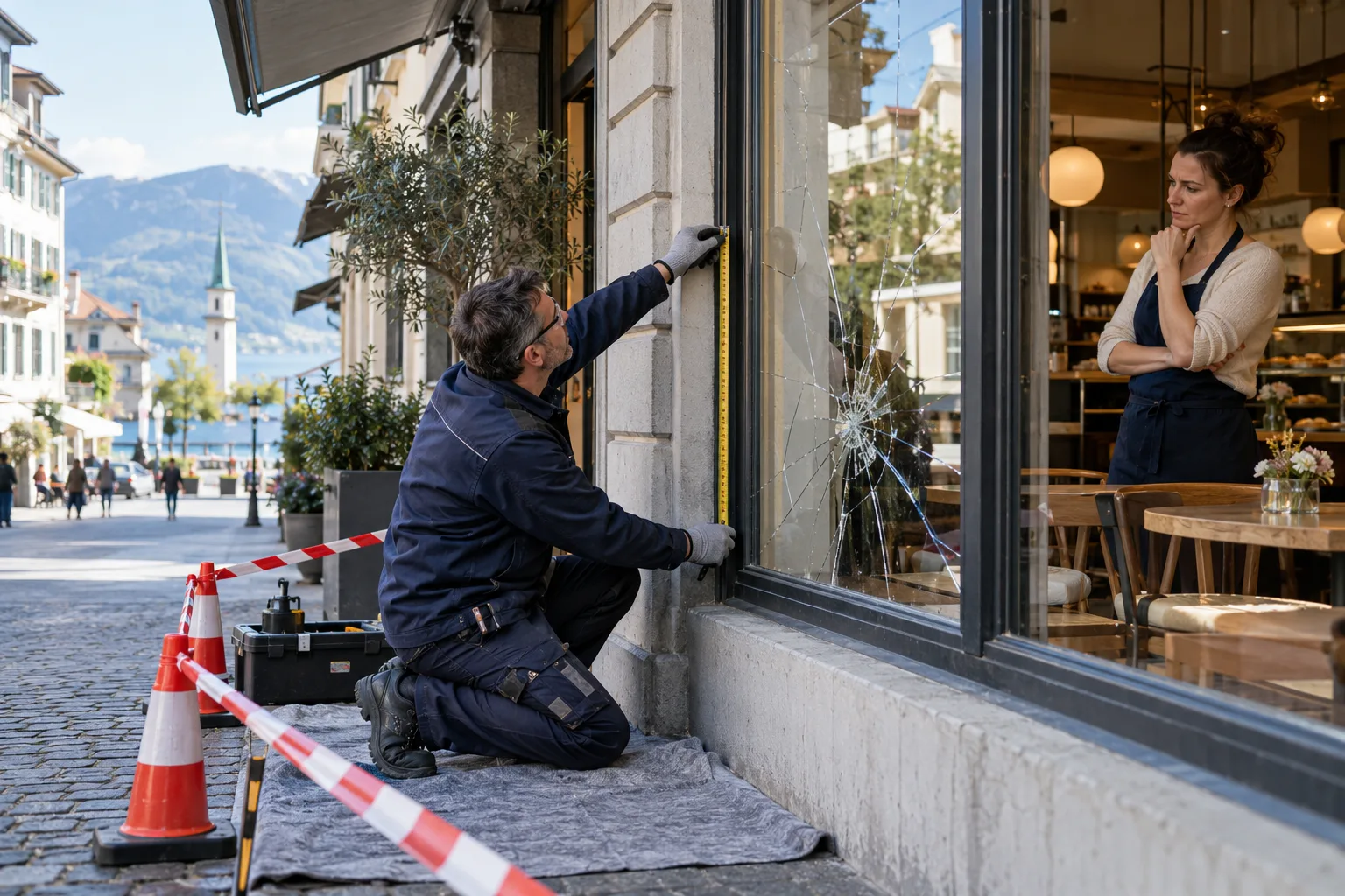 Un vitrier mesure la vitrine fissurée d’un café dans une zone sécurisée tandis que la propriétaire attend à l’intérieur