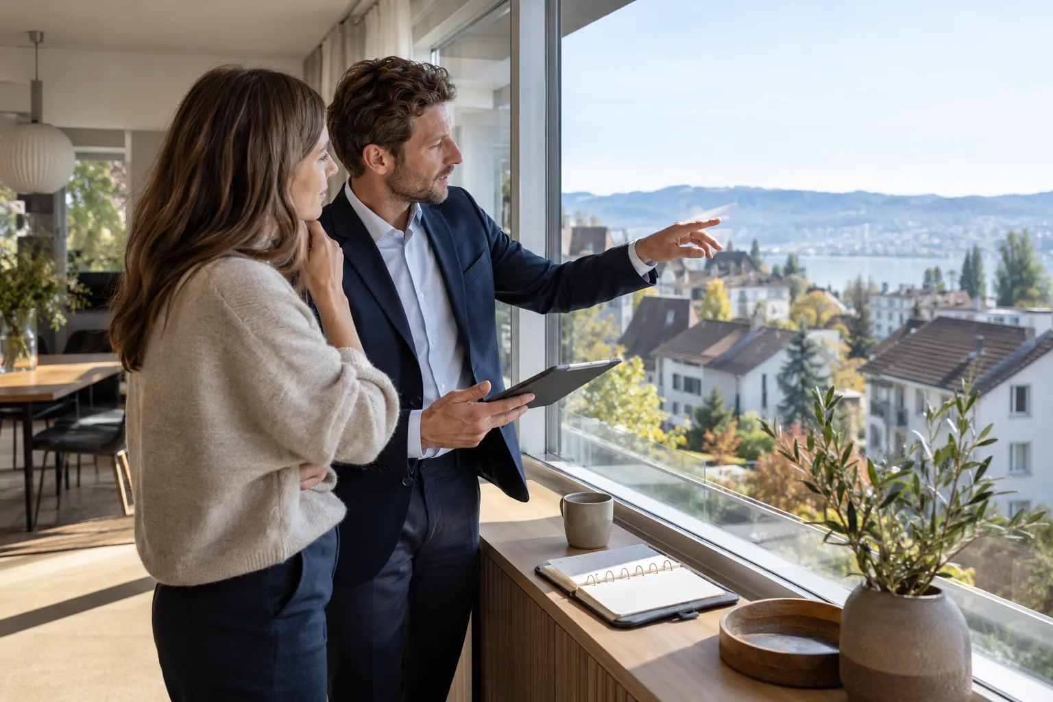 A homeowner and adviser discussing a future mortgage commitment beside a blank calendar