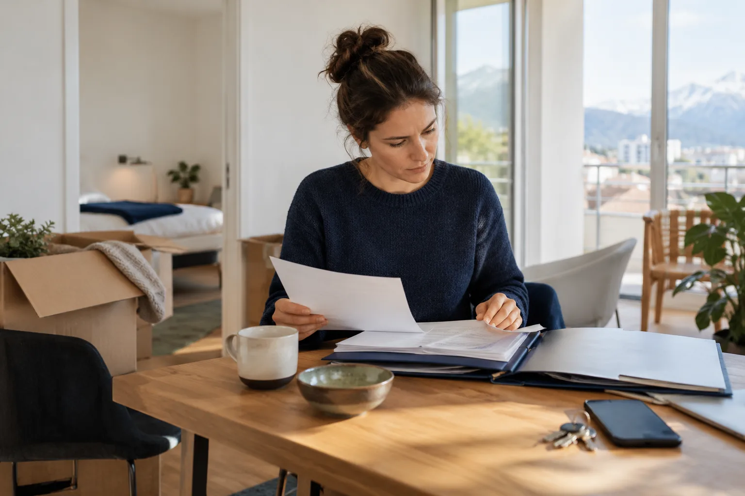 Une personne actualise ses coordonnées de prévoyance près de cartons et des clés d’un nouvel appartement